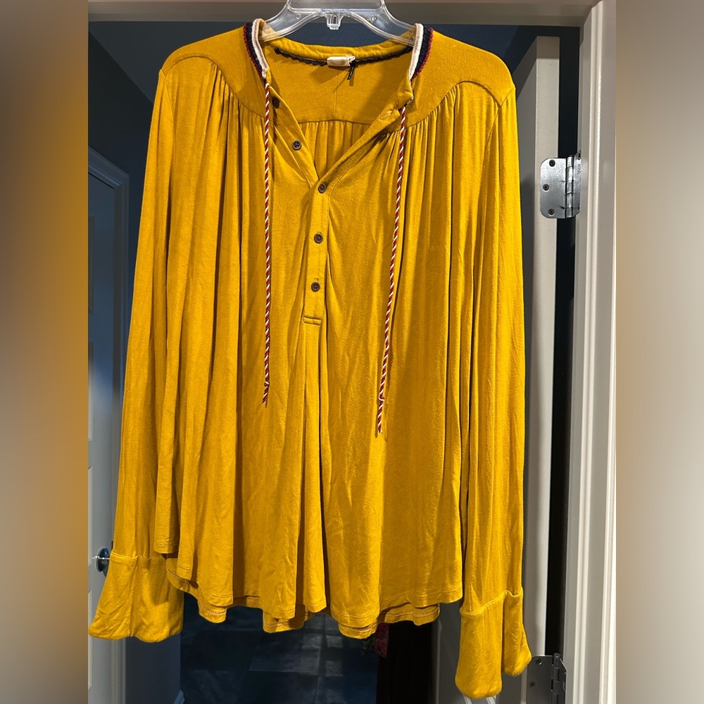 Anthropologie Mustard Yellow Blouse with Embroidery & Button Detail